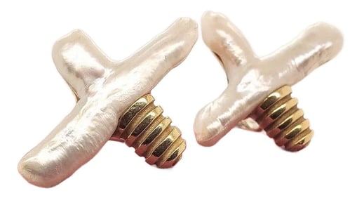 Pair of X-Shaped Baroque Pearl Earrings in 18k Gold by Christopher Walling