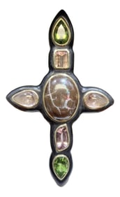 Ebony Cross W/ Boulder Opal, Pear-Shaped Peridots, Pear Shaped Cabochons, Fancy Cut Pink Tourmaline,