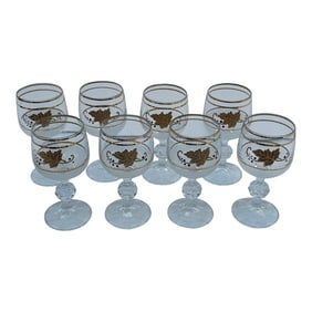 1970s Collection of Gold Painted Glasses With Leaf Details- Set of 8