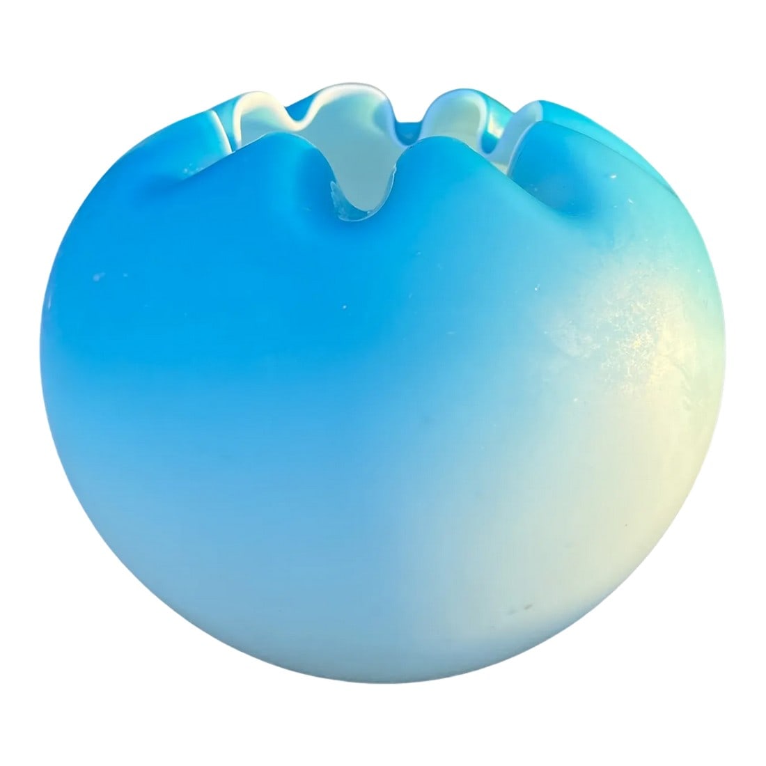 Vintage 1960s Fenton Fading Blue Satin Glass Rose Bowl Vase Crimped Scalloped Edge (1 of 8)