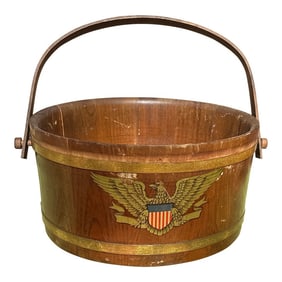 1970s Large Wooden Round Basket With Eagle Accents