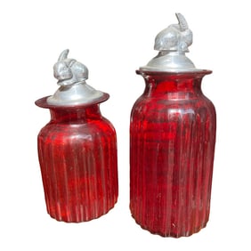 Pair of 1970s Red Glass Jars With Silver Bunny Lids