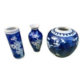 1970s Instant Collection of Blue and White Round and Skinny Vases- Set of 3