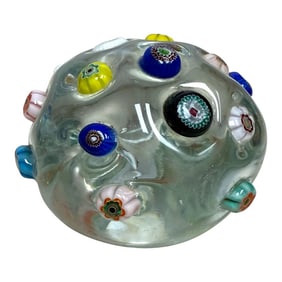1950s Arte Murano Millefiori Cane Round Globe Clear Paperweight