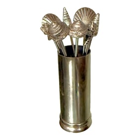 Vintage Pewter Seashell Cocktail Forks With Holder - Set of 9