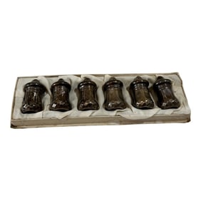 1970s Collection of Sterling Silver Patina Small Salt Shakers With Tray- Set of 6