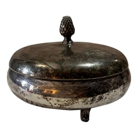 1970s Small Silver Round Dish With Matching Lid and Acorn Accent