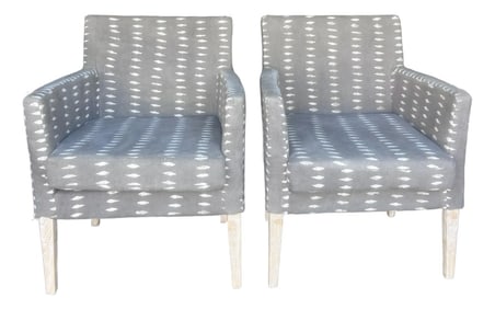 Vintage Block Print Linen Upholstered Arm Chairs, a Pair