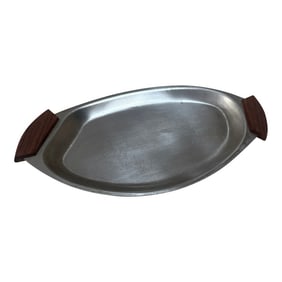Small 1970s Silver-Tone Metal Serving Tray With Wooden Teak Handles