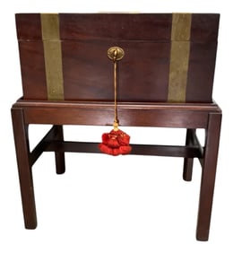 Vintage Campaign Style Hinged Lid Cellarette Box on Stand With Key