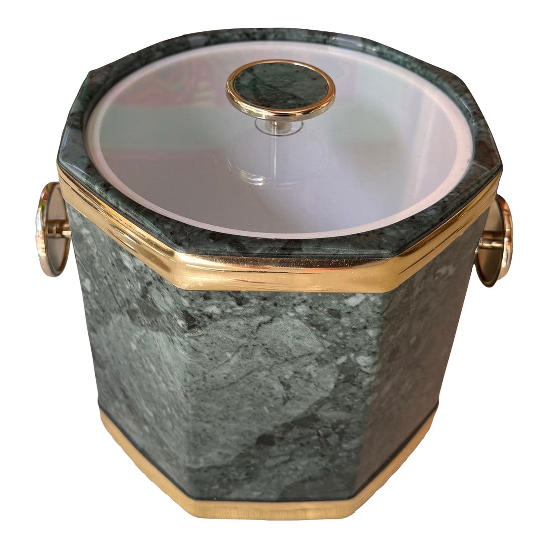 1970s Green Malachite Ice Bucket/Champagne Bucket With Gold Accents and Matching Lid: Up for consideration is a beautiful green malachite ice bucket with gold details and matching lid. This would look lovely on display in your home and it is a great find for the interior design enthusi