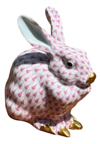 1990s Porcelain Sitting Bunny in Rapsberry by Herend of Hungary, Handmade and Handpainted With 24k G