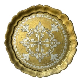 Vintage Italian Florentine Giltwood Tray in Gold & White Quatrefoil Cross Medallion and Acanthus Mot