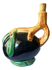 Vintage Italian Majolica Olive Oil Bottle With Cork Stopper – Leaf & Branch Design