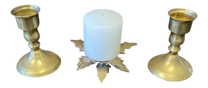 1970s Brass Candleholders & Candle - Set of 3