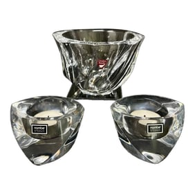 Nambe Vintage Signed Crystal Votive Candle Holders + Signed Swedish Orrefors "Residence Bowl"