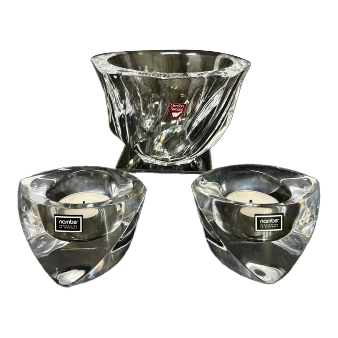 Nambe Vintage Signed Crystal Votive Candle Holders + Signed Swedish Orrefors "Residence Bowl" (1 of 8)