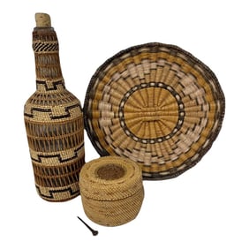 1900s Native American Basketry Style / Basket, Bottle & Tray - 3 Pieces