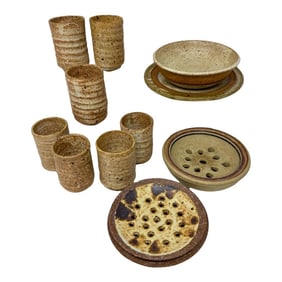 Vintage Studio Pottery Set / Rustic Stoneware- 14 Pieces