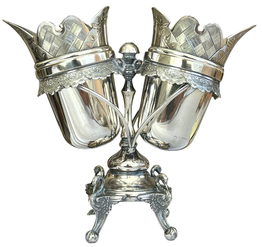 Antique 19th Century Quadruple Plated Hotel Silver Double Hand Chased Spooner or Epergne by Derby Si (1 of 11)