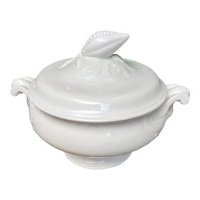 Large White Ceramic Serving Bowl With Matching Lid in a Nautical Style