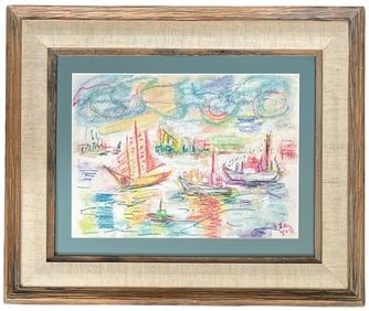 Vibrant Pastel Sailboat Seascape in Wood & Linen Frame – Signed & Dated 1979