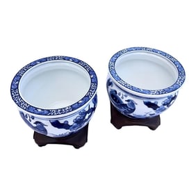 Blue and White Chinoiserie Ceramic Imari Jardiniére Pots With Carved Wood Stands