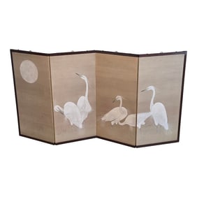 Early 20th Century White Cranes and Moon Four-Panel Makura-Byobu