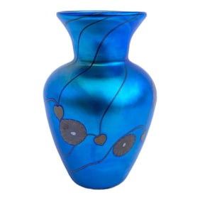 Small Blue Favrile Styled Threaded Heart Studio Art Glass Bud Vase