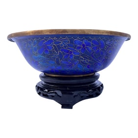 Jingfa Chinese Blue Cloisonné Bowl & Carved Wooden Stand