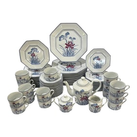 Rare - Fitz and Floyd Lotus Bleu 73 Piece Porcelain Dinnerware Service for 12 - Circa 1978