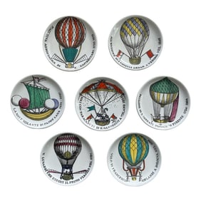 1960s Fornasetti "Palloni" Balloon & Flying Machine Porcelain Coasters – Set of 7