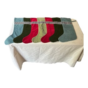 Collection of Velvet Colorful Christmas Stockings With Greek Key Accents- Set of 7