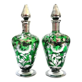 Decanter Pair - Bohemian Green Glass With Sterling Silver Overlay - Early 20th Century