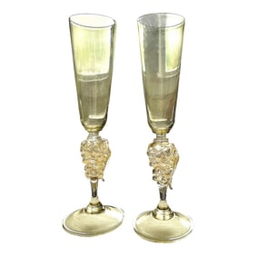 Vintage 1970s Signed Nason Moretti Murano Champagne Flutes With Grape Cluster Stems Gold Infused - A