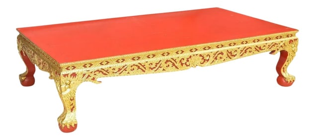 Vintage Thai Parcel Gilt and Red Lacquered Large Low Table
