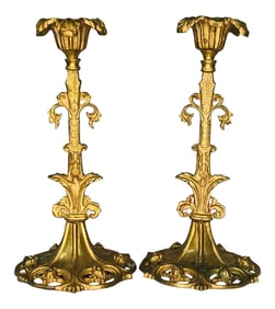 1970s Floral Motif Brass Candlesticks - a Pair