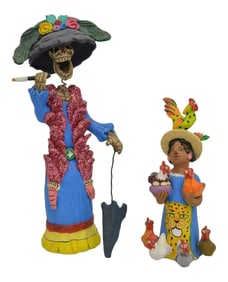 1980s Folk Art Oaxaca Signed Mexico Clay Catrina Munecas by Josefina Aguilar - a Pair