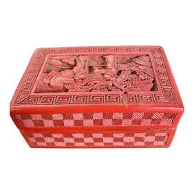Early 20th Century Chinese Cinnabar Red Carved Lacquer Rectangular Box Black Interior Chinoiserie