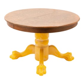 Antique Stickley Style Yellow Painted Quarter-Sawn Oak Round Dining Table With Claw Feet