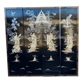 Vintage Chinoiserie Black Lacquered Mother of Pearl Four Ladies and Pagoda Floor Screen Divider