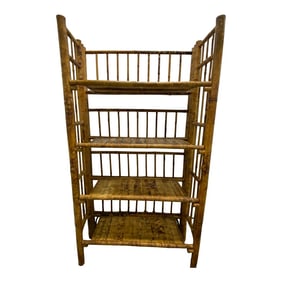 1970s Tall Vintage Burnt Bamboo Faux Tortoise Shell Four Shelf Etagere
