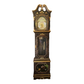 Vintage Black Lacquer Chinoiserie Grandfather Clock