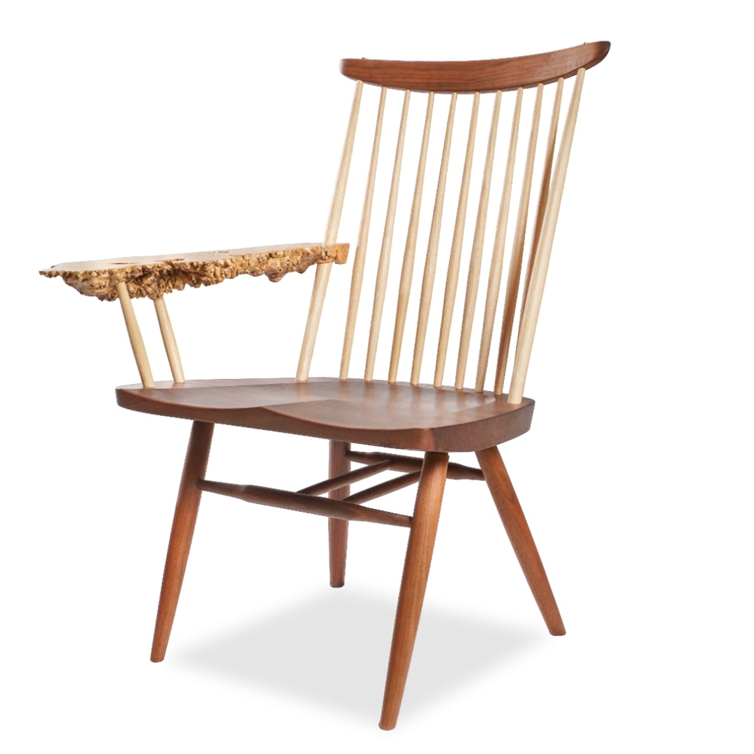 Rare George & Mira Nakashima Burl Slab Arm Lounge Chair, Signed & Dated: Title: Rare George & Mira Nakashima Burl Slab Arm Lounge Chair, Signed & Dated Description: A rare and iconic example of American studio furniture, this George & Mira Nakashima Slab Arm Lounge Chair i