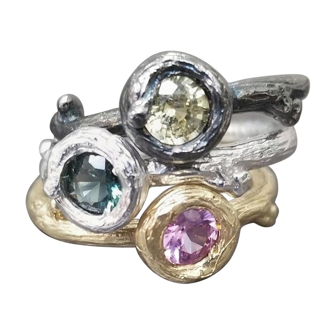 Set of 3 14k Gold Multicolored Sapphire Bark Stackable Rings: Title: Set of 3 14k Gold Multicolored Sapphire Bark Stackable Rings Description: Pick your 14k gold and the color of sapphires. 14k white and yellow gold Gresha signature bark ring with 5mm green, yel
