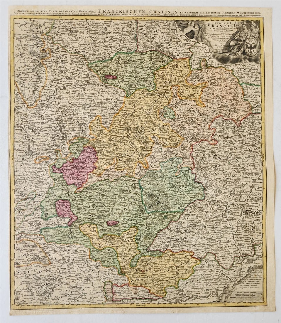 1730s FRANCONIA GERMANY antique MAP Bamberg by JOHANN HOMANN: Johann Baptista Homann Germany, ca. 1664–1724 CIRCULI FRANCONIA pars Orientalis et Potior. Nuremberg: Homann; c. 1730 HOLY ROMAN EMPIRE Map of Upper and Middle Franconia with Bamberg in the cent