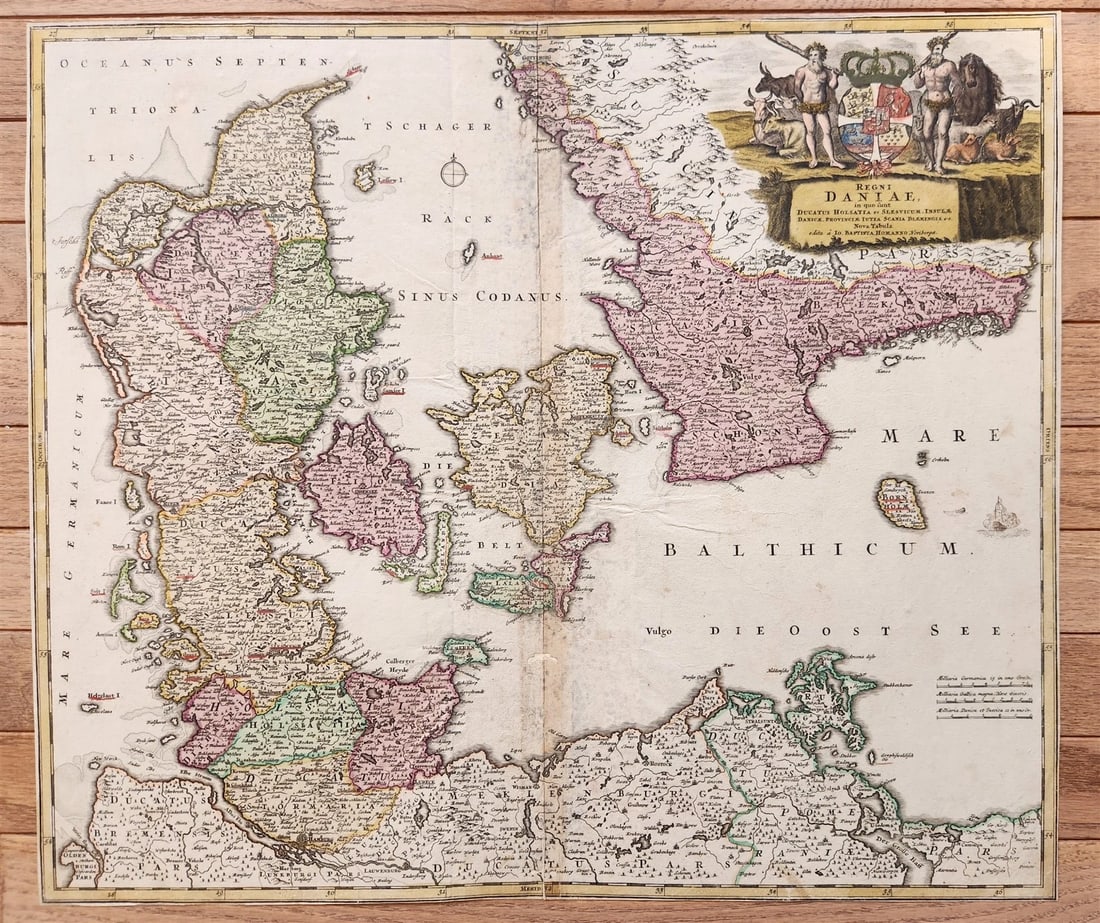 1730 DENMARK antique MAP REGNI DANIAE by JOHANN HOMANN AUTHENTIC: Johann Baptista Homann Germany, ca. 1664–1724 A Map of Denmark (with Parts of Germany and Sweden) REGNI DANIAE Hand-colored etching on paper, undated (c. 1730) Size 19 1/4 by 22 1/4 inches Good