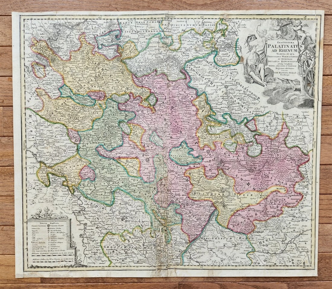 1720s GERMANY antique MAP PALATINATUS ad RHENUM by JOHANN HOMANN AUTHENTIC: Johann Baptista Homann Germany, ca. 1664–1724 GERMANY PALATINATUS ad RHENTUM (Covering southern part of the river Rhine. Including the towns of Frankfurt, Heidelberg, Neustadt, Saarbrucken, Main