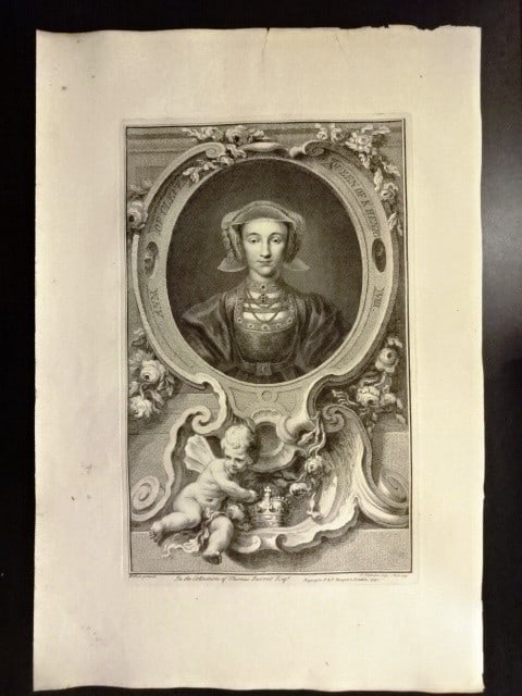 1743 Beautiful Engraving Anne of Cleves Holbein: Large beautiful engraving of Anne of Cleves, Queen of Henry VIII after Holbein by Jacobus Houbraken printed at London by J and P Knapton, 1743. Measures 14 x 20.5". Fine. Reserve: $80.00 Shipping: Dom