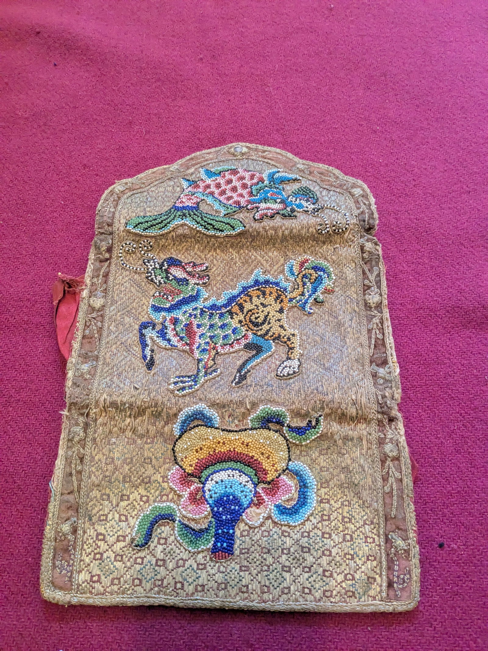 Antique Asian Clutch Wallet: Title: Antique Asian Clutch Wallet Description:This one of a kind elegant vintage beaded clutch wallet has a unique handcrafted beaded design on each of the three wallet folds: a fanciful fish, dancin